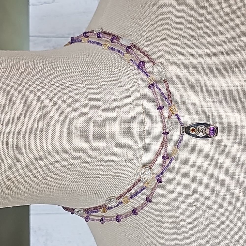 Purple Beaded and Sterling Silver pendant with Tourmaline and Amethyst stones.